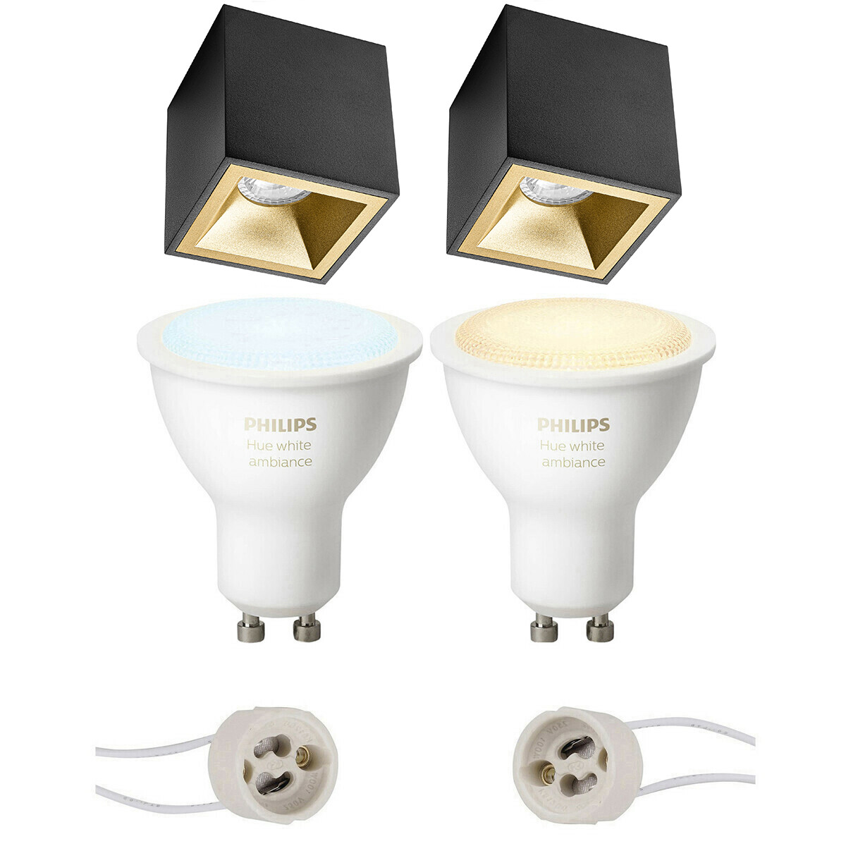 Pragmi Cliron Pro - Opbouw Vierkant - Mat Zwart/Goud - Verdiept - 90mm - Philips Hue - Opbouwspot Set GU10 - White Ambiance - Bluetooth