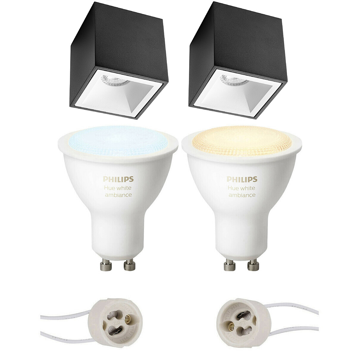 Pragmi Cliron Pro - Opbouw Vierkant - Mat Zwart/Wit - Verdiept - 90mm - Philips Hue - Opbouwspot Set GU10 - White Ambiance - Bluetooth