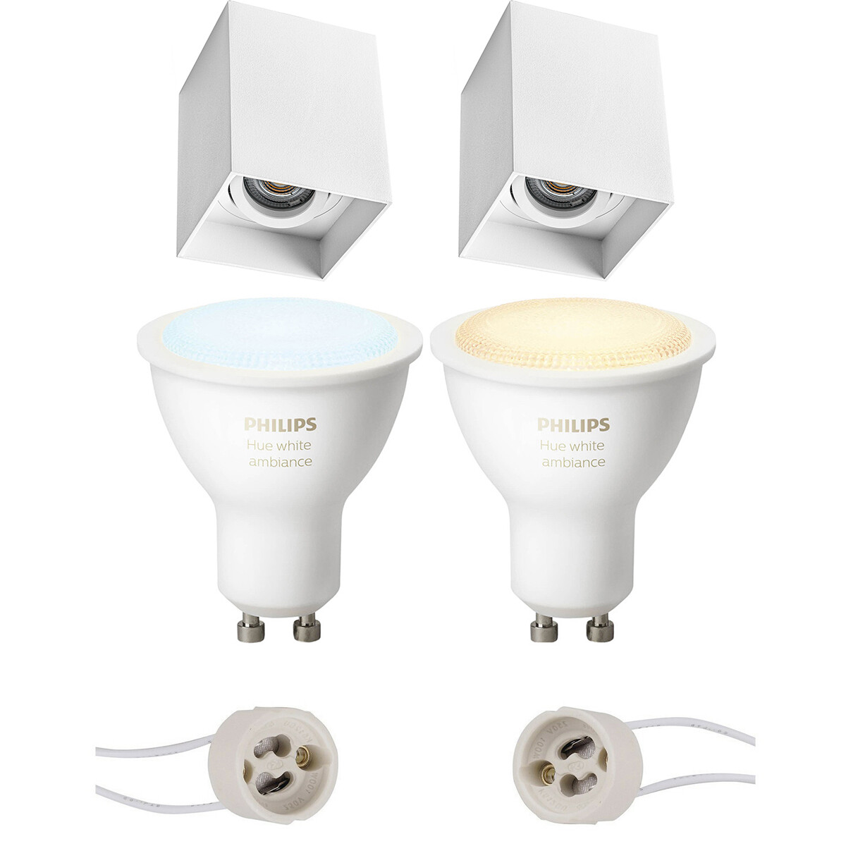 Pragmi Luxina Pro - Opbouw Vierkant - Mat Wit - Verdiept - Kantelbaar - 90mm - Philips Hue - Opbouwspot Set GU10 - White Ambiance - Bluetooth