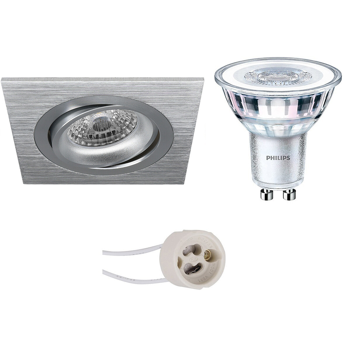 LED Spot Set - Pragmi Borny Pro - GU10 Fitting - Inbouw Vierkant - Mat Zilver - Kantelbaar - 92mm - Philips - CorePro 827 36D - 3.5W - Warm Wit 2700K