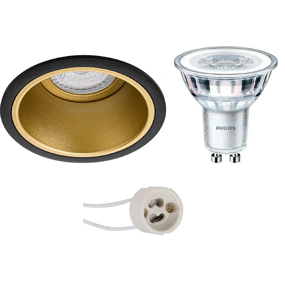 LED Spot Set - Pragmi Minko Pro - GU10 Fitting - Inbouw Rond - Mat Zwart/Goud - Verdiept - Ø90mm - Philips - CorePro 840 36D - 4W - Natuurlijk Wit 4000K - Dimbaar