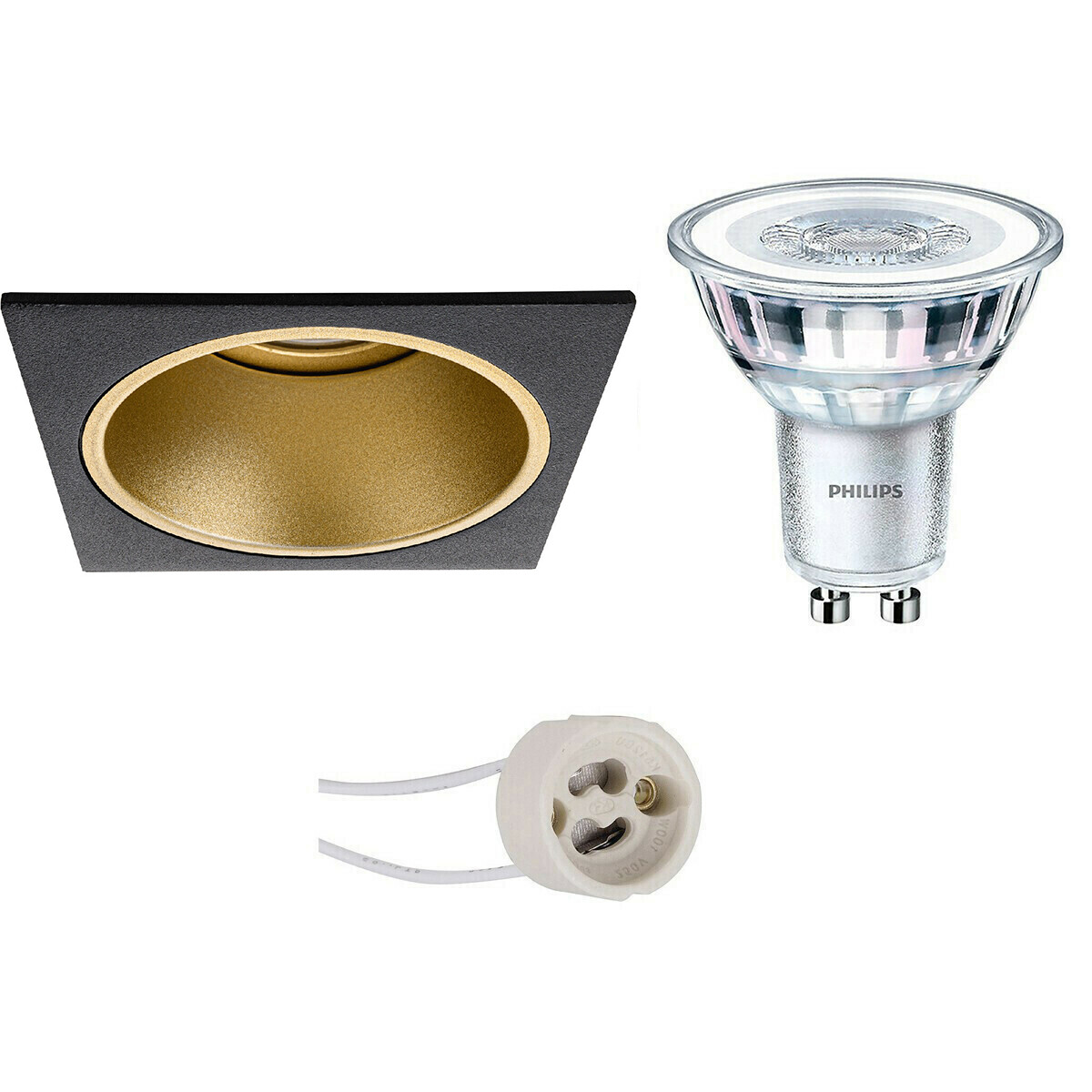 LED Spot Set - Pragmi Minko Pro - GU10 Fitting - Inbouw Vierkant - Mat Zwart/Goud - Verdiept - 90mm - Philips - CorePro 827 36D - 3.5W - Warm Wit 2700K