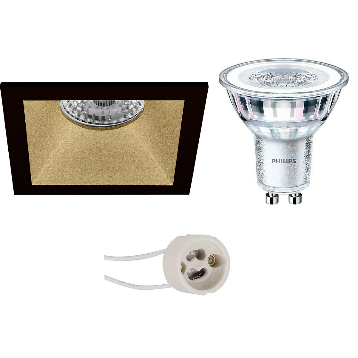 LED Spot Set - Pragmi Pollon Pro - GU10 Fitting - Inbouw Vierkant - Mat Zwart/Goud - Verdiept - 82mm - Philips - CorePro 827 36D - 3.5W - Warm Wit 2700K