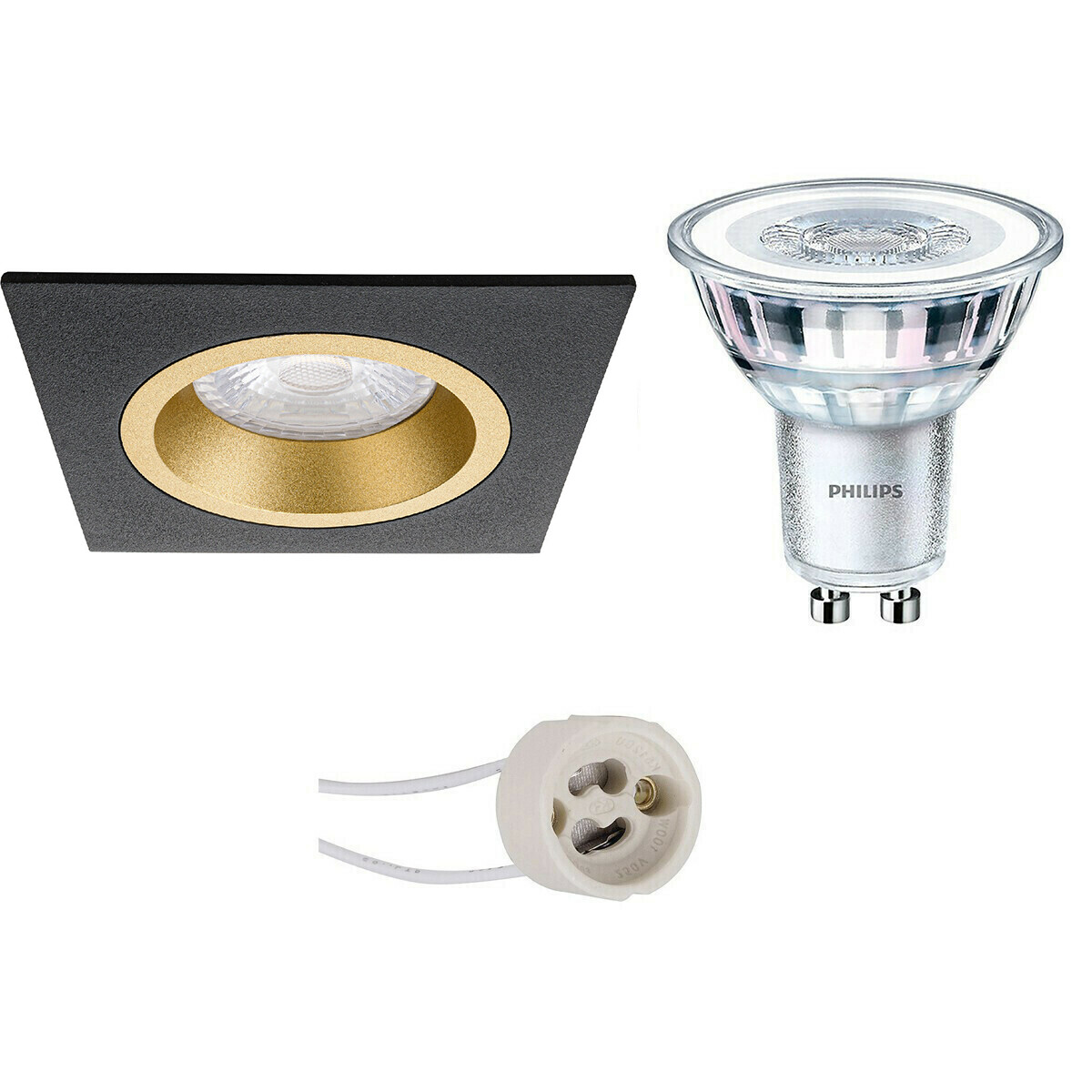 LED Spot Set - Pragmi Rodos Pro - GU10 Fitting - Inbouw Vierkant - Mat Zwart/Goud - 93mm - Philips - CorePro 827 36D - 4.6W - Warm Wit 2700K