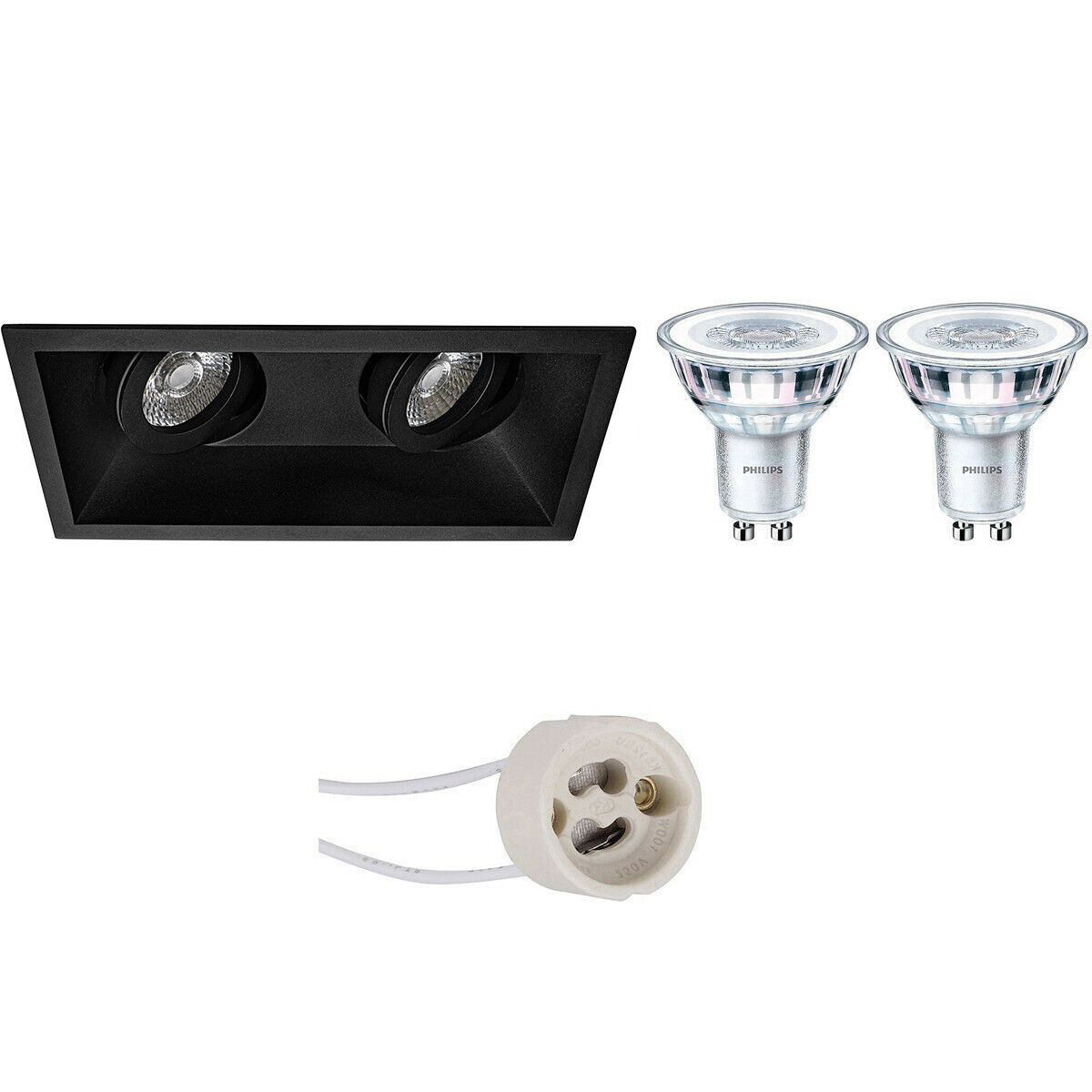 LED Spot Set - Pragmi Zano Pro - GU10 Fitting - Inbouw Rechthoek Dubbel - Mat Zwart - Kantelbaar - 185x93mm - Philips - CorePro 830 36D - 5W - Warm Wit 3000K - Dimbaar