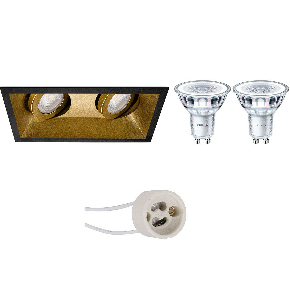 LED Spot Set - Pragmi Zano Pro - GU10 Fitting - Inbouw Rechthoek Dubbel - Mat Zwart/Goud - Kantelbaar - 185x93mm - Philips - CorePro 830 36D - 3.5W - Warm Wit 3000K