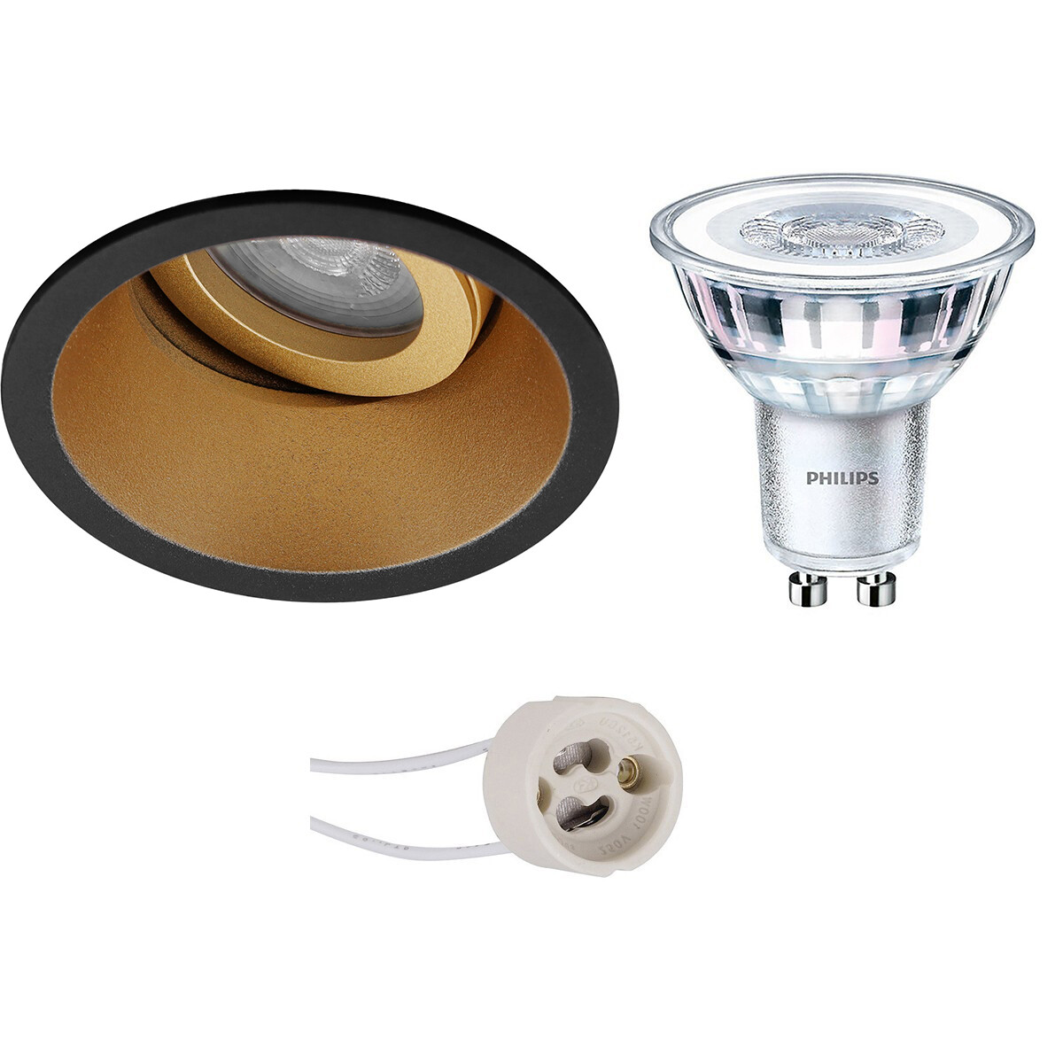 LED Spot Set - Pragmi Zano Pro - GU10 Fitting - Inbouw Rond - Mat Zwart/Goud - Kantelbaar - Ø93mm - Philips - CorePro 830 36D - 5W - Warm Wit 3000K - Dimbaar