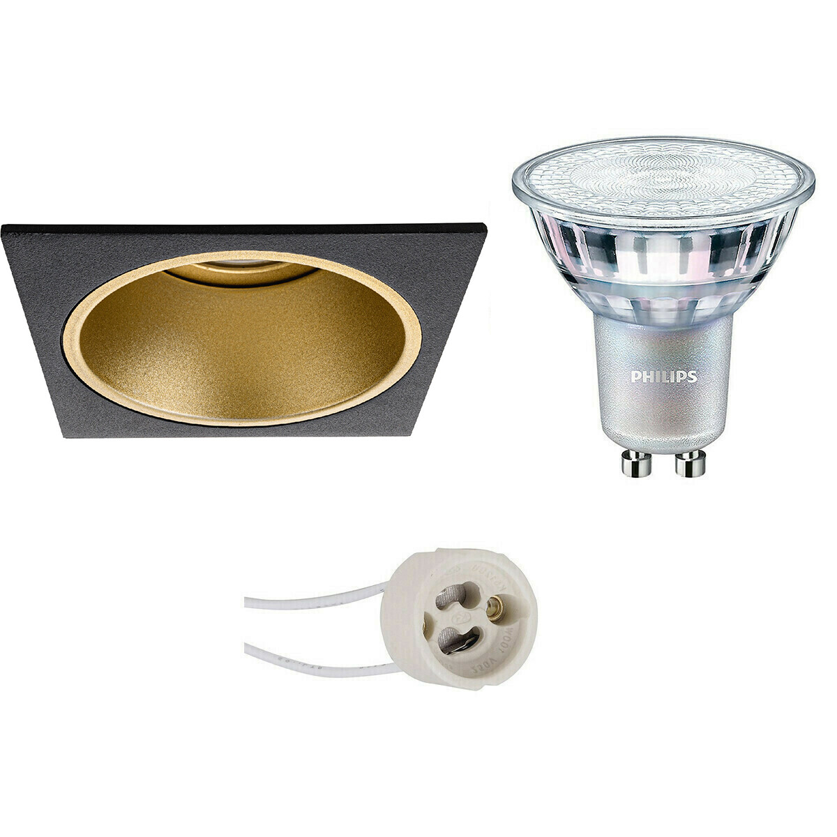 LED Spot Set - Pragmi Minko Pro - GU10 Fitting - Inbouw Vierkant - Mat Zwart/Goud - Verdiept - 90mm - Philips - MASTER 927 36D VLE - 4.9W - Warm Wit 2200K-2700K - DimTone Dimbaar