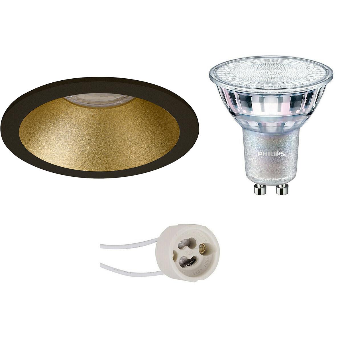 LED Spot Set - Pragmi Pollon Pro - GU10 Fitting - Inbouw Rond - Mat Zwart/Goud - Verdiept - Ø82mm - Philips - MASTER 927 36D VLE - 3.7W - Warm Wit 2200K-2700K - DimTone Dimbaar