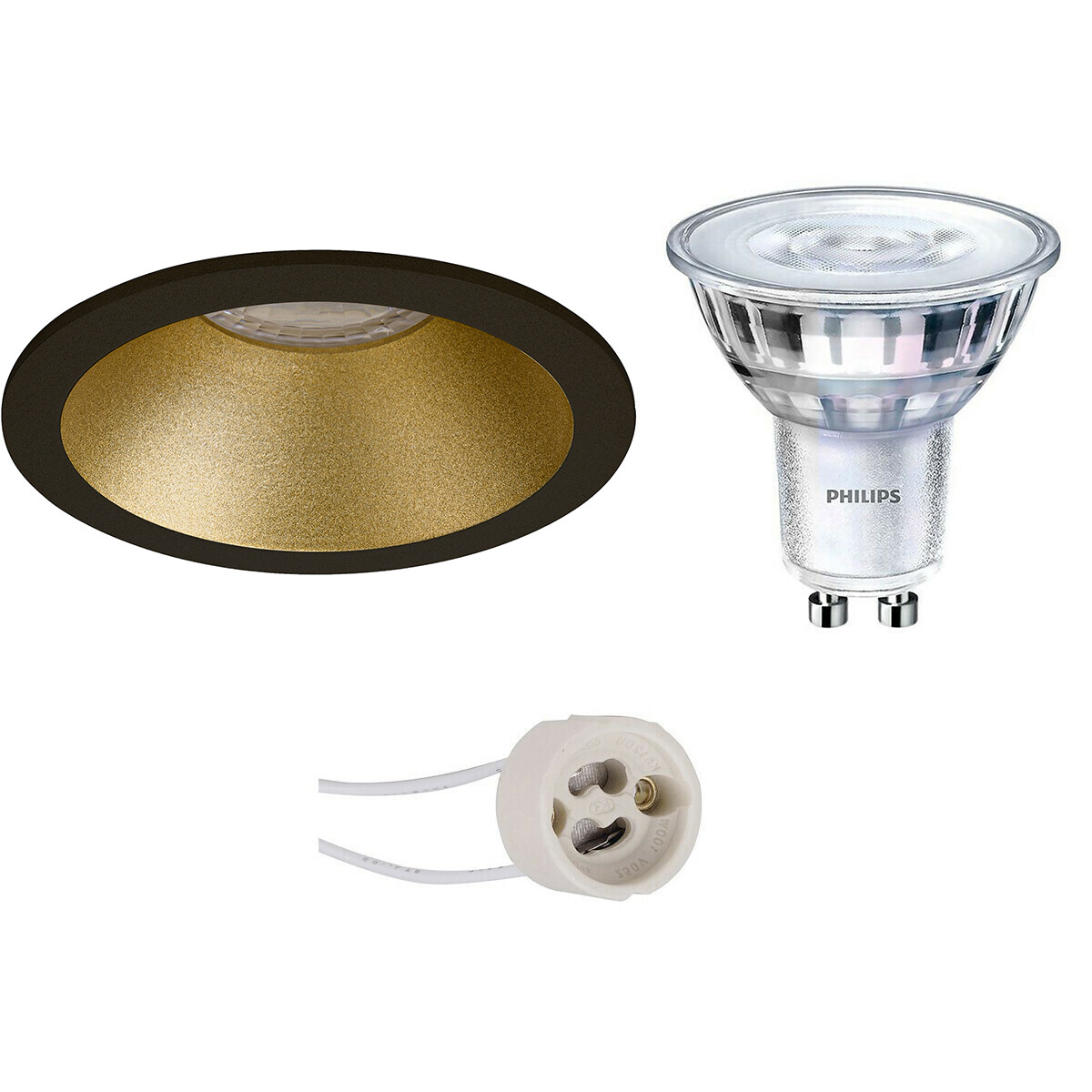 LED Spot Set - Pragmi Pollon Pro - GU10 Fitting - Inbouw Rond - Mat Zwart/Goud - Verdiept - Ø82mm - Philips - SceneSwitch 827 36D - 1.5W-5W - Warm Wit 2200K-2700K - Dimbaar