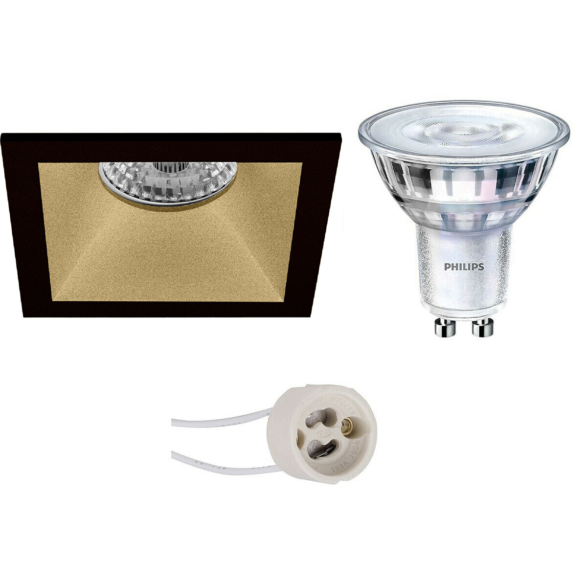 LED Spot Set - Pragmi Pollon Pro - GU10 Fitting - Inbouw Vierkant - Mat Zwart/Goud - Verdiept - 82mm - Philips - SceneSwitch 827 36D - 1.5W-5W - Warm Wit 2200K-2700K - Dimbaar