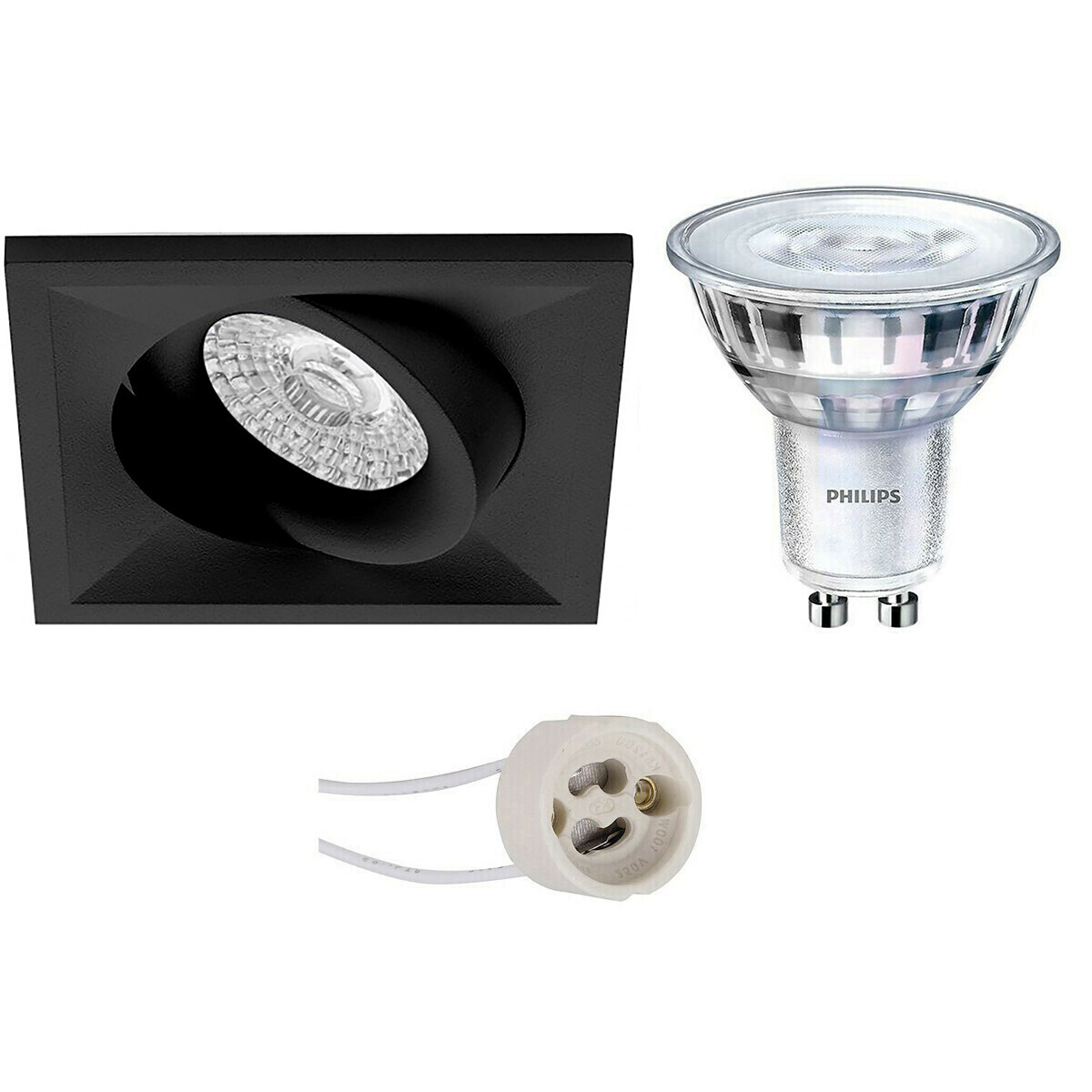 LED Spot Set - Pragmi Qiundo Pro - GU10 Fitting - Inbouw Vierkant - Mat Zwart - Kantelbaar - 80mm - Philips - SceneSwitch 827 36D - 1.5W-5W - Warm Wit 2200K-2700K - Dimbaar