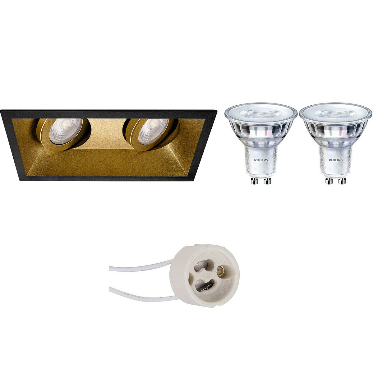 LED Spot Set - Pragmi Zano Pro - GU10 Fitting - Inbouw Rechthoek Dubbel - Mat Zwart/Goud - Kantelbaar - 185x93mm - Philips - SceneSwitch 827 36D - 1.5W-5W - Warm Wit 2200K-2700K - Dimbaar