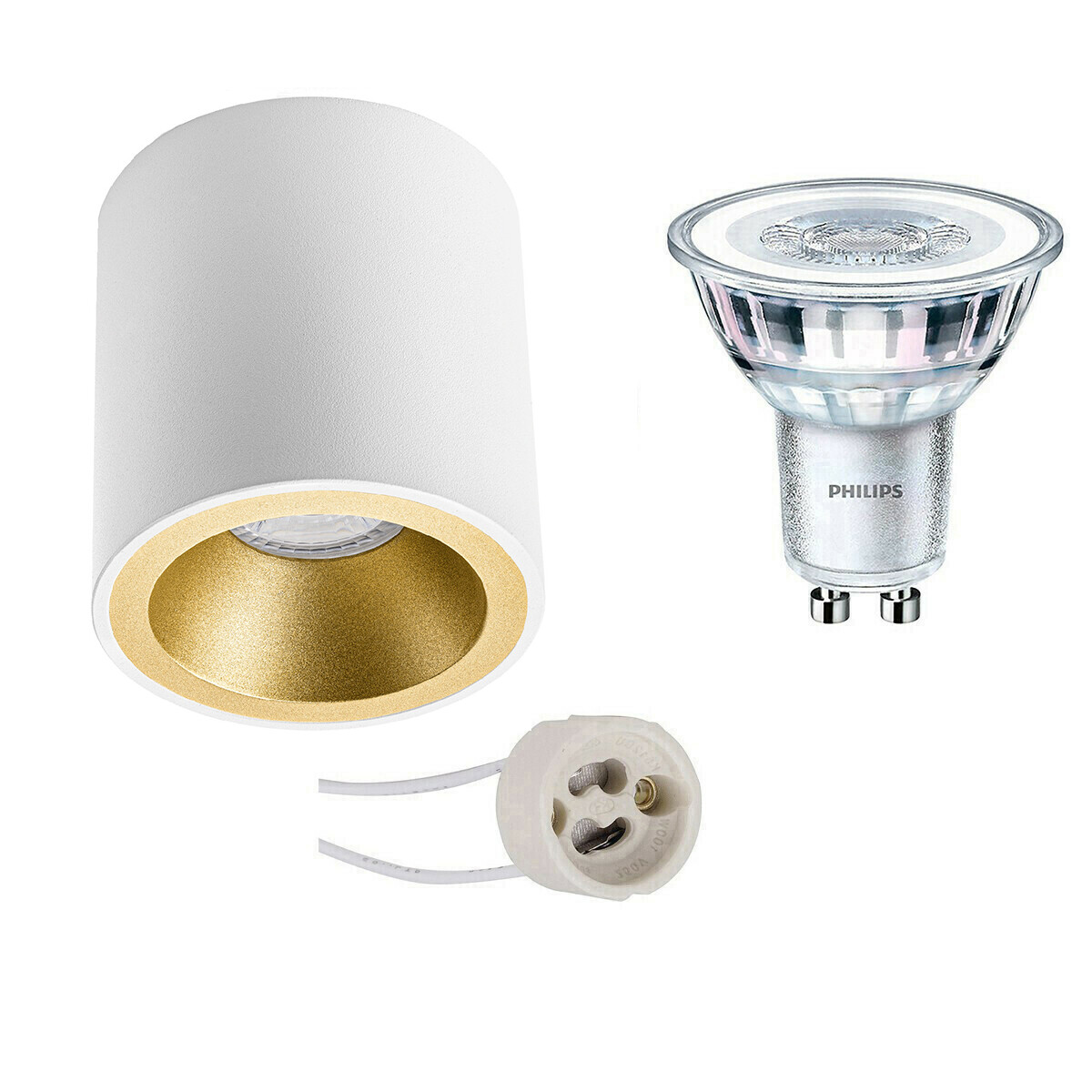 Opbouwspot Set - Pragmi Cliron Pro - GU10 Fitting - Opbouw Rond - Mat Wit/Goud - Verdiept - Ø90mm - Philips - CorePro 827 36D - 4.6W - Warm Wit 2700K