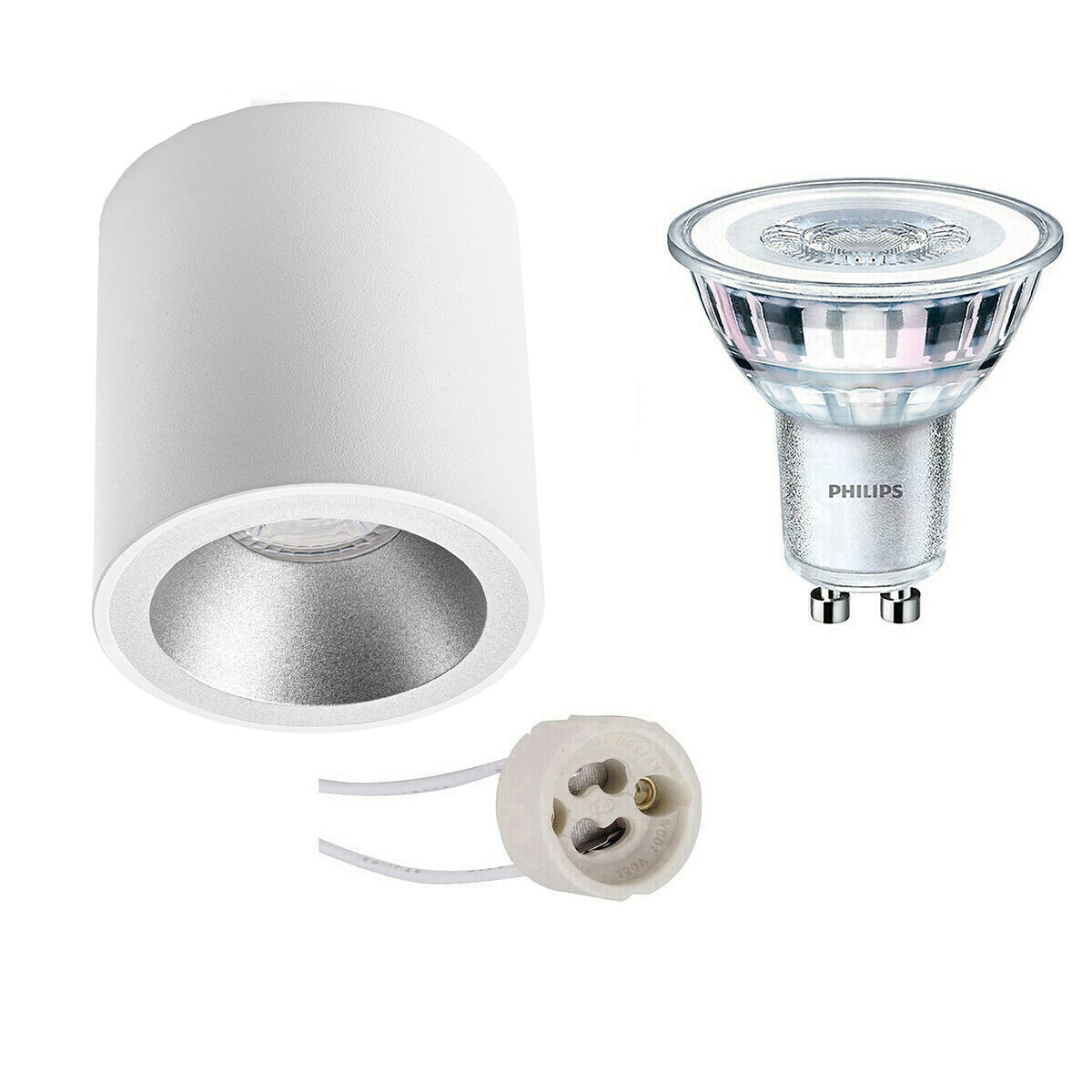 Opbouwspot Set - Pragmi Cliron Pro - GU10 Fitting - Opbouw Rond - Mat Wit/Zilver - Verdiept - Ø90mm - Philips - CorePro 827 36D - 4.6W - Warm Wit 2700K