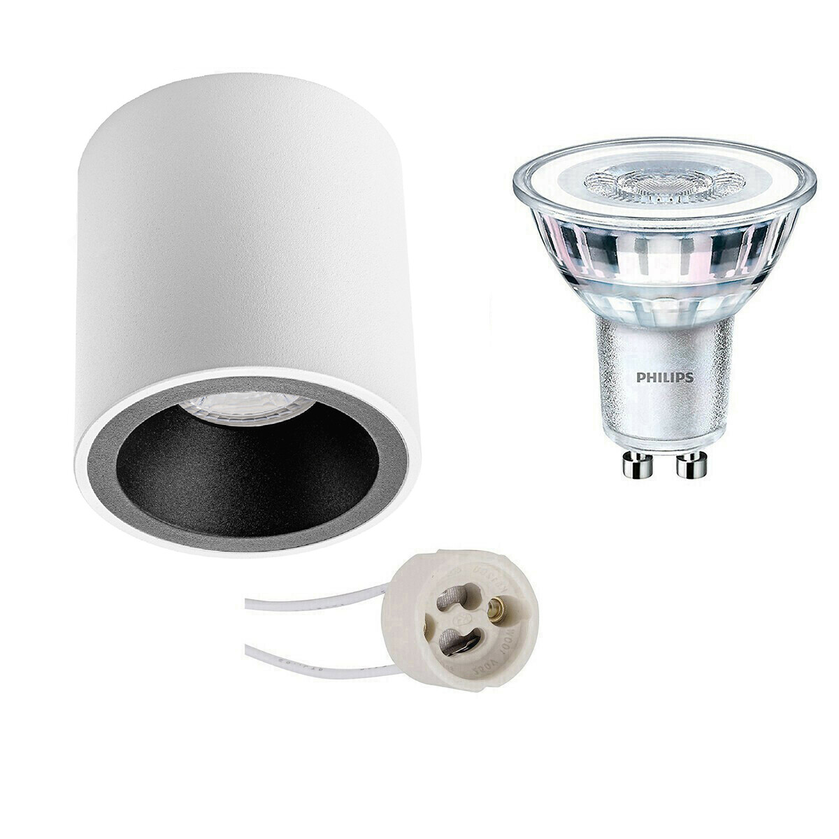 Opbouwspot Set - Pragmi Cliron Pro - GU10 Fitting - Opbouw Rond - Mat Wit/Zwart - Verdiept - Ø90mm - Philips - CorePro 827 36D - 3.5W - Warm Wit 2700K