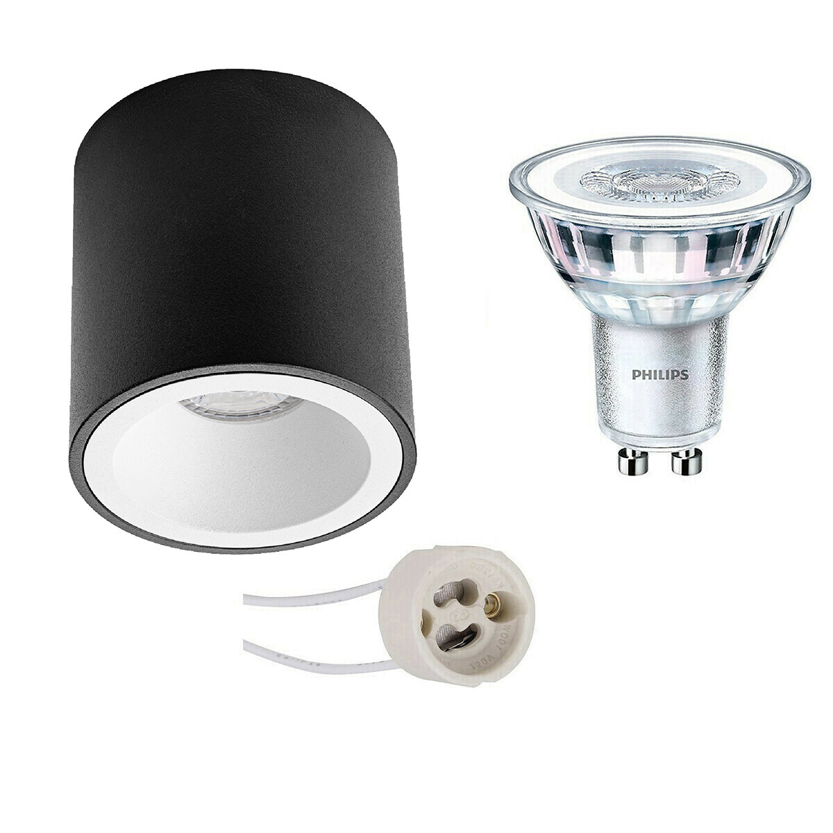 Opbouwspot Set - Pragmi Cliron Pro - GU10 Fitting - Opbouw Rond - Mat Zwart/Wit - Verdiept - Ø90mm - Philips - CorePro 827 36D - 3.5W - Warm Wit 2700K