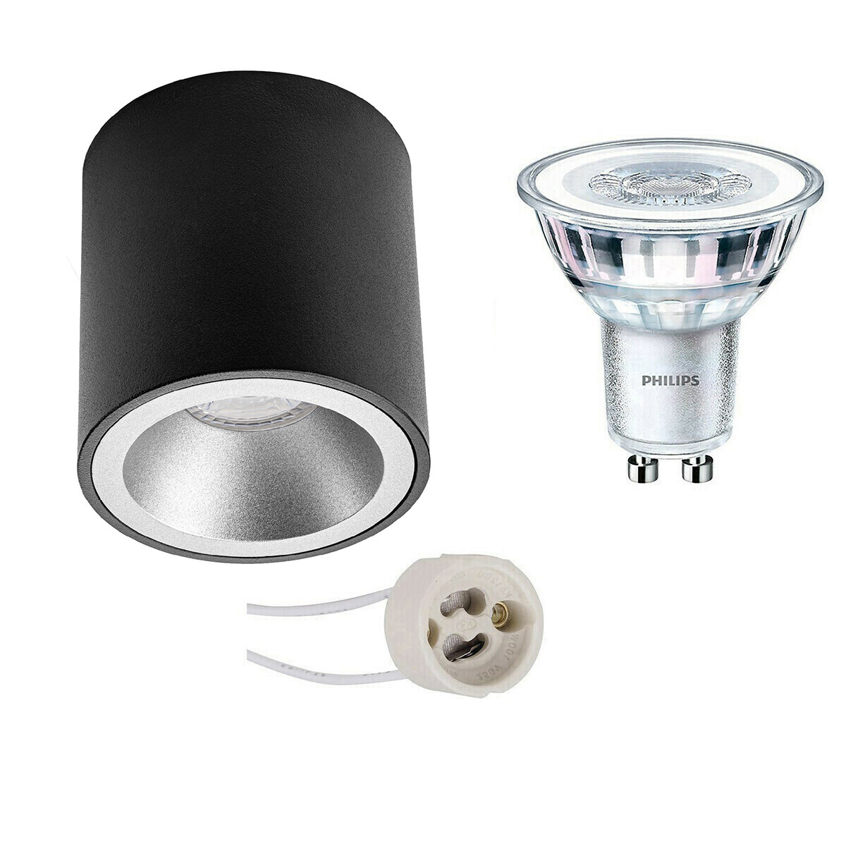 Opbouwspot Set - Pragmi Cliron Pro - GU10 Fitting - Opbouw Rond - Mat Zwart/Zilver - Verdiept - Ø90mm - Philips - CorePro 827 36D - 3.5W - Warm Wit 2700K