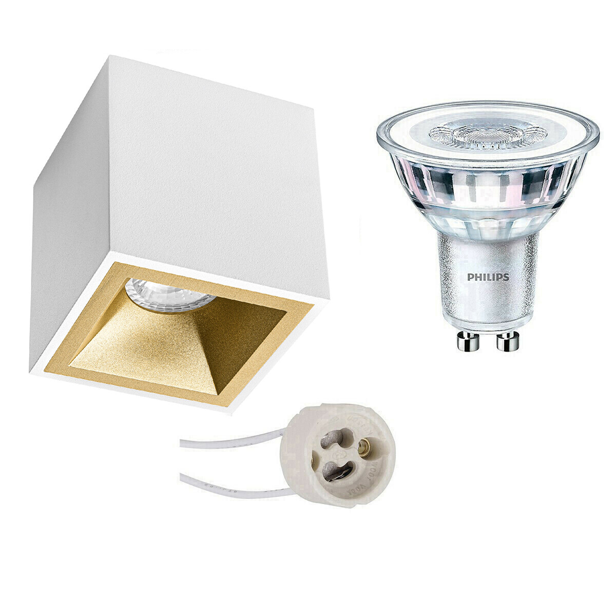 Opbouwspot Set - Pragmi Cliron Pro - GU10 Fitting - Opbouw Vierkant - Mat Wit/Goud - Verdiept - 90mm - Philips - CorePro 827 36D - 3.5W - Warm Wit 2700K