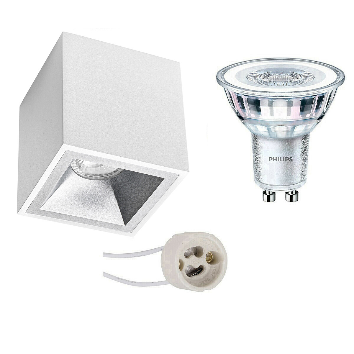 Opbouwspot Set - Pragmi Cliron Pro - GU10 Fitting - Opbouw Vierkant - Mat Wit/Zilver - Verdiept - 90mm - Philips - CorePro 830 36D - 3.5W - Warm Wit 3000K