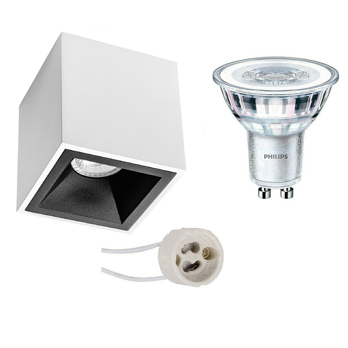 Opbouwspot Set - Pragmi Cliron Pro - GU10 Fitting - Opbouw Vierkant - Mat Wit/Zwart - Verdiept - 90mm - Philips - CorePro 827 36D - 3.5W - Warm Wit 2700K