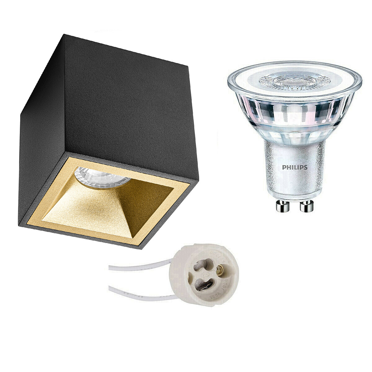 Opbouwspot Set - Pragmi Cliron Pro - GU10 Fitting - Opbouw Vierkant - Mat Zwart/Goud - Verdiept - 90mm - Philips - CorePro 827 36D - 3.5W - Warm Wit 2700K