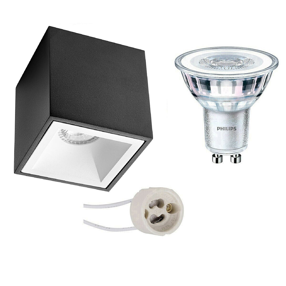 Opbouwspot Set - Pragmi Cliron Pro - GU10 Fitting - Opbouw Vierkant - Mat Zwart/Wit - Verdiept - 90mm - Philips - CorePro 827 36D - 3.5W - Warm Wit 2700K