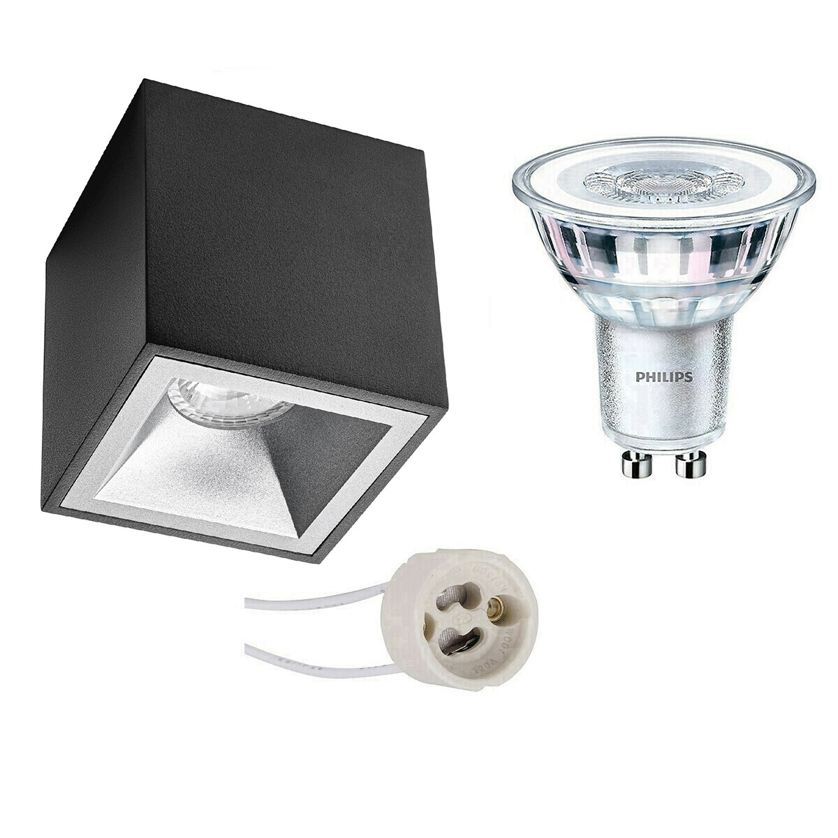 Opbouwspot Set - Pragmi Cliron Pro - GU10 Fitting - Opbouw Vierkant - Mat Zwart/Zilver - Verdiept - 90mm - Philips - CorePro 827 36D - 4.6W - Warm Wit 2700K