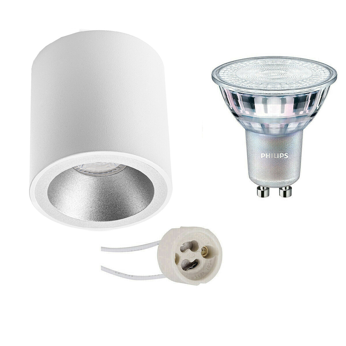 Opbouwspot Set - Pragmi Cliron Pro - GU10 Fitting - Opbouw Rond - Mat Wit/Zilver - Verdiept - Ø90mm - Philips - MASTER 927 36D VLE - 3.7W - Warm Wit 2200K-2700K - DimTone Dimbaar