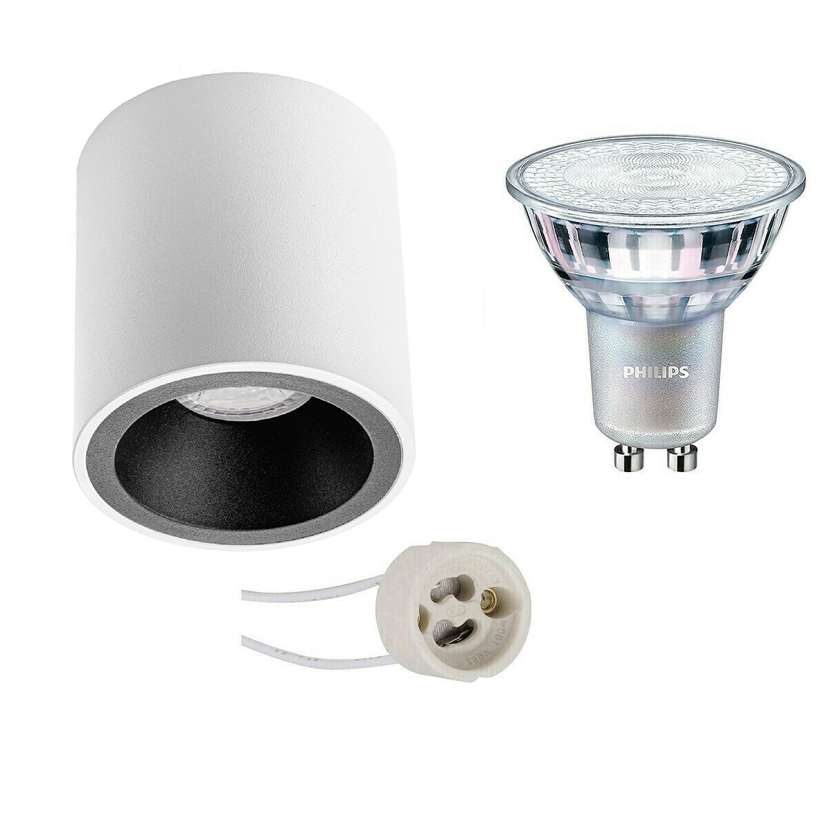 Opbouwspot Set - Pragmi Cliron Pro - GU10 Fitting - Opbouw Rond - Mat Wit/Zwart - Verdiept - Ø90mm - Philips - MASTER 927 36D VLE - 3.7W - Warm Wit 2200K-2700K - DimTone Dimbaar