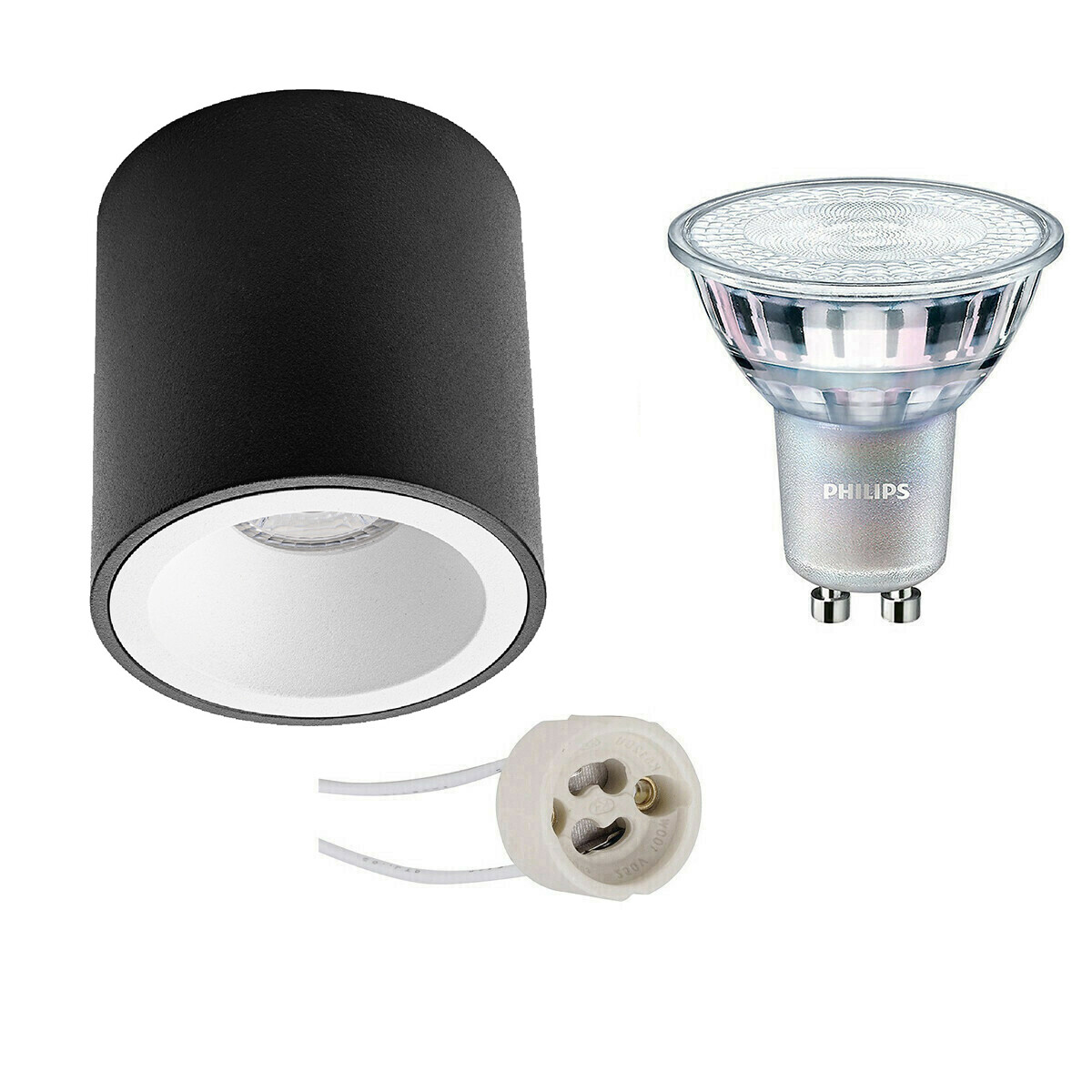 Opbouwspot Set - Pragmi Cliron Pro - GU10 Fitting - Opbouw Rond - Mat Zwart/Wit - Verdiept - Ø90mm - Philips - MASTER 927 36D VLE - 3.7W - Warm Wit 2200K-2700K - DimTone Dimbaar