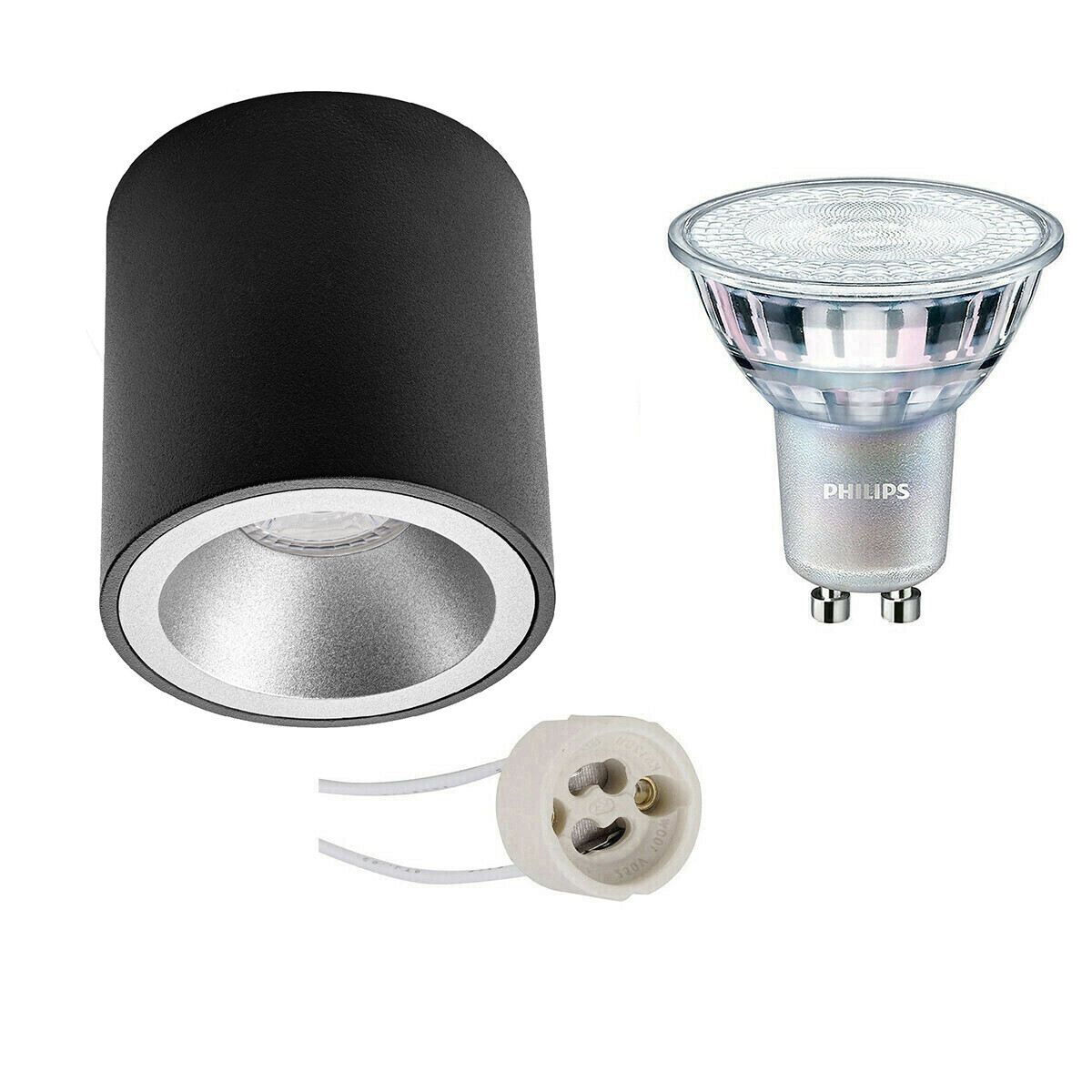 Opbouwspot Set - Pragmi Cliron Pro - GU10 Fitting - Opbouw Rond - Mat Zwart/Zilver - Verdiept - Ø90mm - Philips - MASTER 927 36D VLE - 3.7W - Warm Wit 2200K-2700K - DimTone Dimbaar