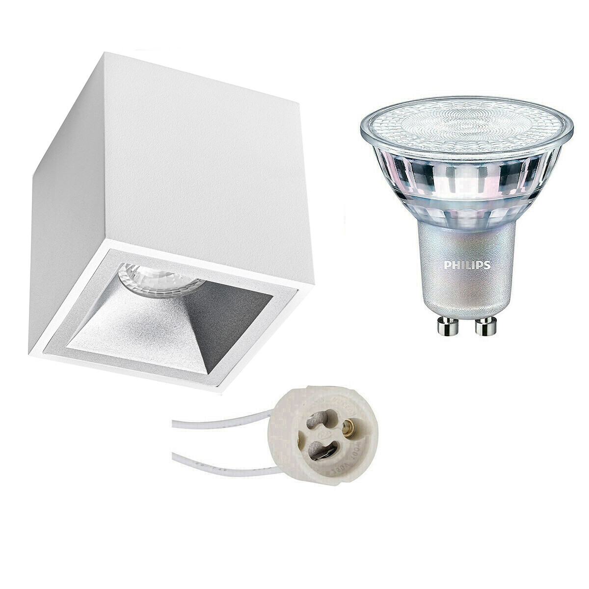 Opbouwspot Set - Pragmi Cliron Pro - GU10 Fitting - Opbouw Vierkant - Mat Wit/Zilver - Verdiept - 90mm - Philips - MASTER 927 36D VLE - 3.7W - Warm Wit 2200K-2700K - DimTone Dimbaar