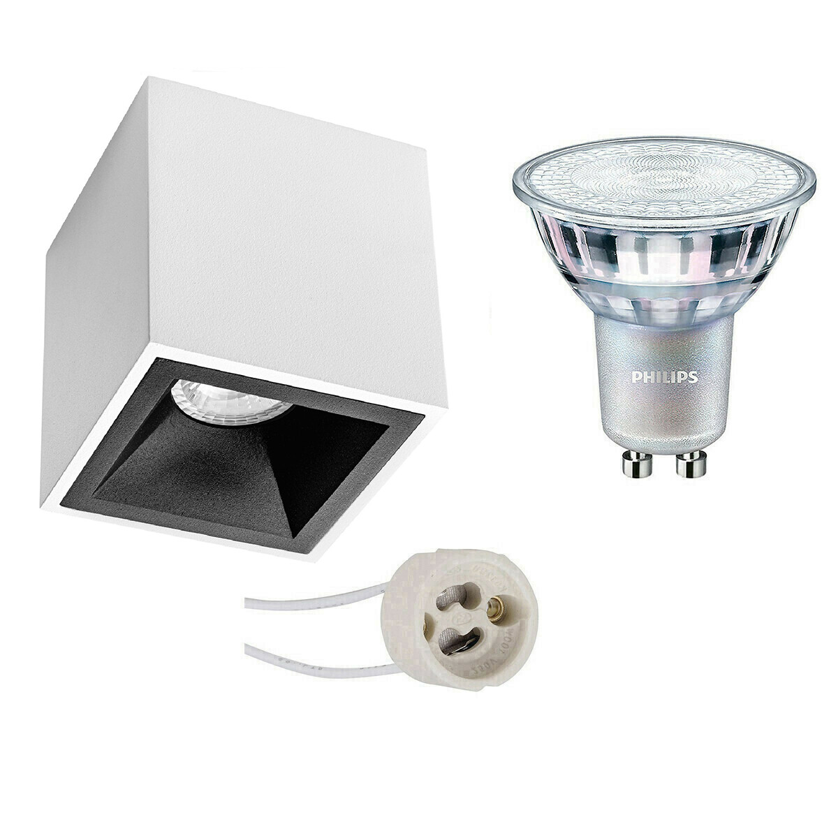 Opbouwspot Set - Pragmi Cliron Pro - GU10 Fitting - Opbouw Vierkant - Mat Wit/Zwart - Verdiept - 90mm - Philips - MASTER 927 36D VLE - 3.7W - Warm Wit 2200K-2700K - DimTone Dimbaar