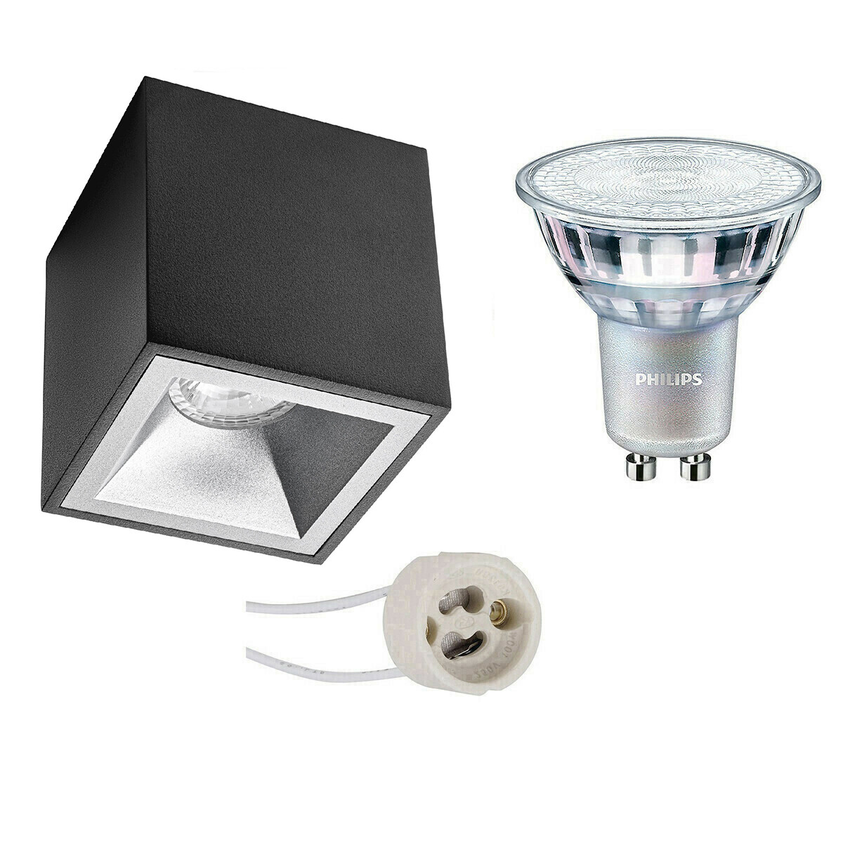 Opbouwspot Set - Pragmi Cliron Pro - GU10 Fitting - Opbouw Vierkant - Mat Zwart/Zilver - Verdiept - 90mm - Philips - MASTER 927 36D VLE - 3.7W - Warm Wit 2200K-2700K - DimTone Dimbaar