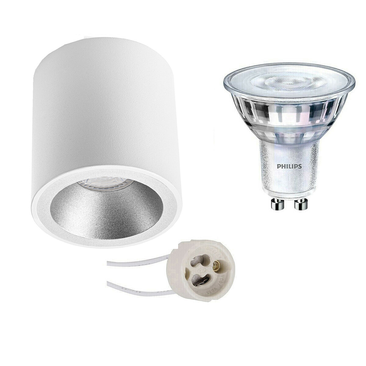 Opbouwspot Set - Pragmi Cliron Pro - GU10 Fitting - Opbouw Rond - Mat Wit/Zilver - Verdiept - Ø90mm - Philips - SceneSwitch 827 36D - 1.5W-5W - Warm Wit 2200K-2700K - Dimbaar