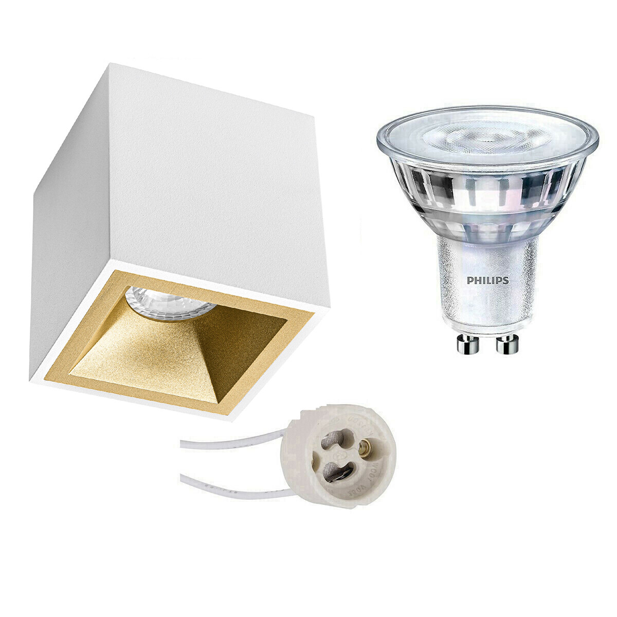 Opbouwspot Set - Pragmi Cliron Pro - GU10 Fitting - Opbouw Vierkant - Mat Wit/Goud - Verdiept - 90mm - Philips - SceneSwitch 827 36D - 1.5W-5W - Warm Wit 2200K-2700K - Dimbaar