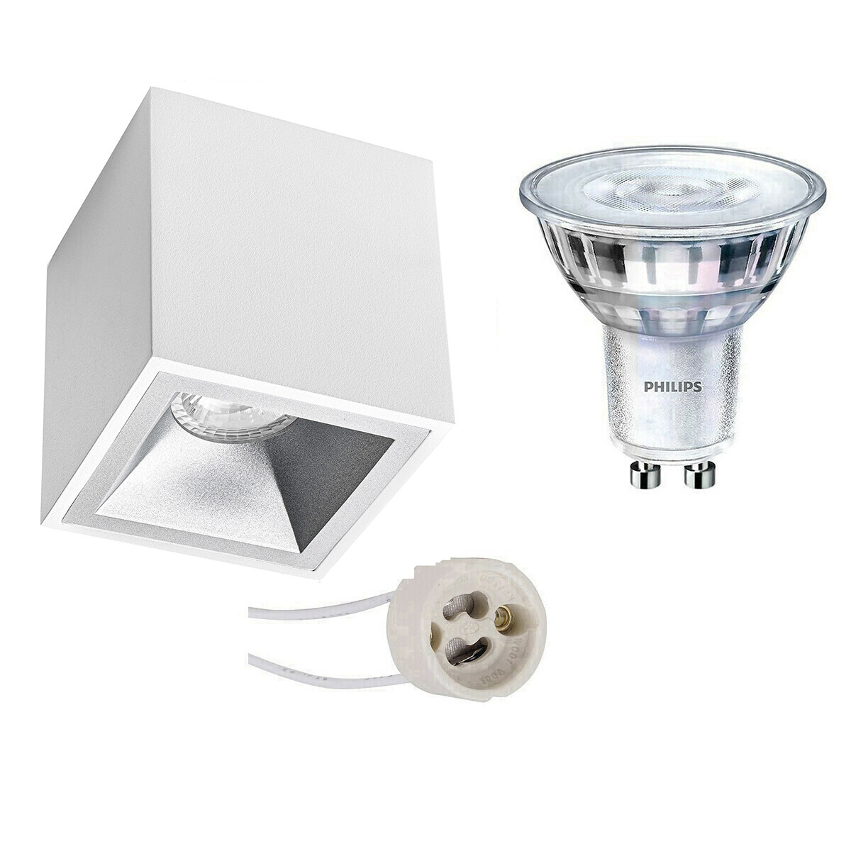 Opbouwspot Set - Pragmi Cliron Pro - GU10 Fitting - Opbouw Vierkant - Mat Wit/Zilver - Verdiept - 90mm - Philips - SceneSwitch 827 36D - 1.5W-5W - Warm Wit 2200K-2700K - Dimbaar