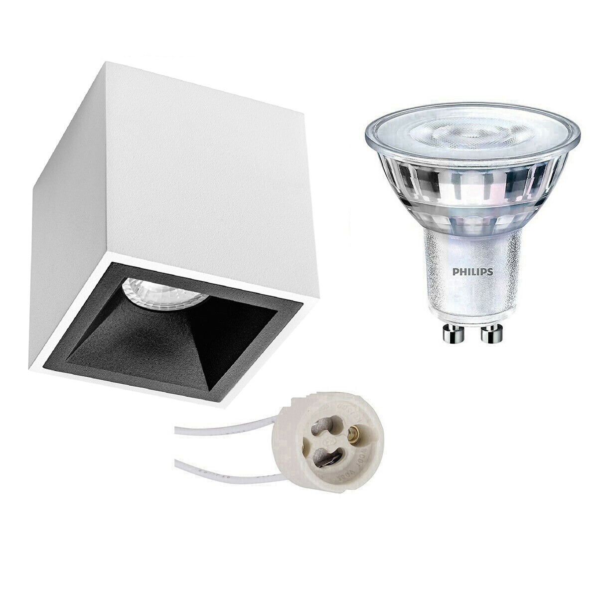 Opbouwspot Set - Pragmi Cliron Pro - GU10 Fitting - Opbouw Vierkant - Mat Wit/Zwart - Verdiept - 90mm - Philips - SceneSwitch 827 36D - 1.5W-5W - Warm Wit 2200K-2700K - Dimbaar