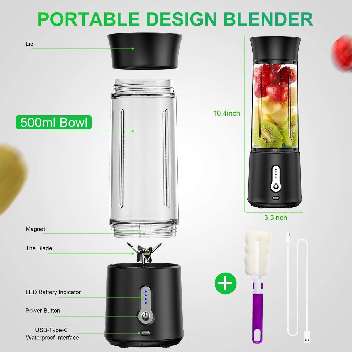 Smoothie Maker Portable - Innovigo - Blender To Go - Portable Blender - Draagbare Blender - 0.5 Liter - Draadloos - USB-C Oplaadbaar - Zwart