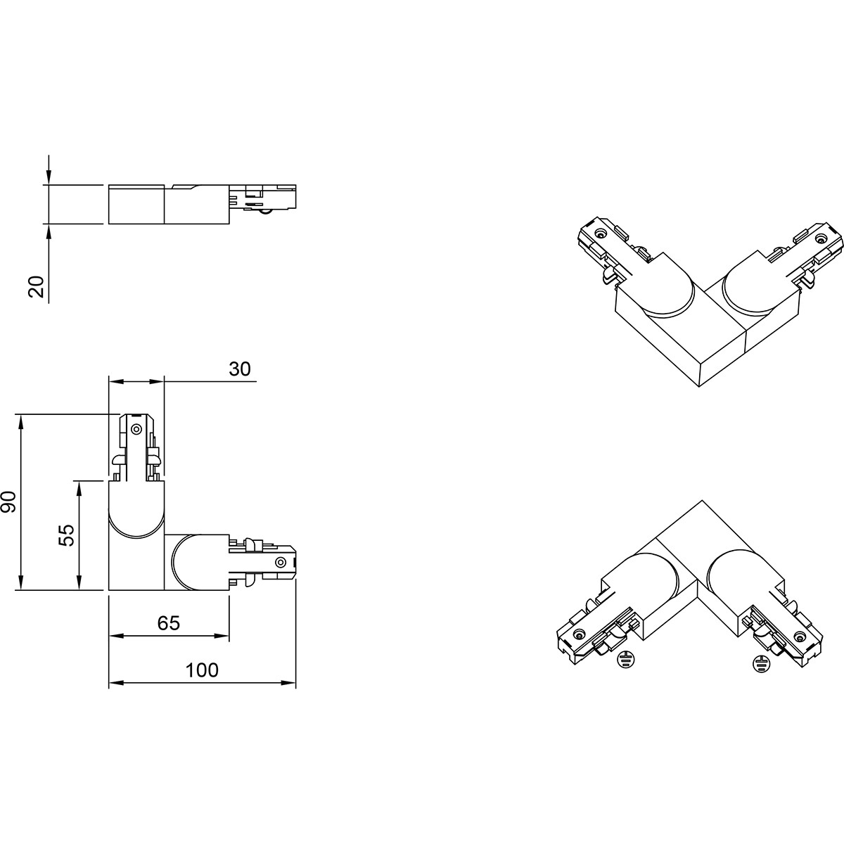 Spanningsrail Doorverbinder - Trion Dual - Hoek L Connector - Aarde Binnen - 2 Fase - Mat Zwart