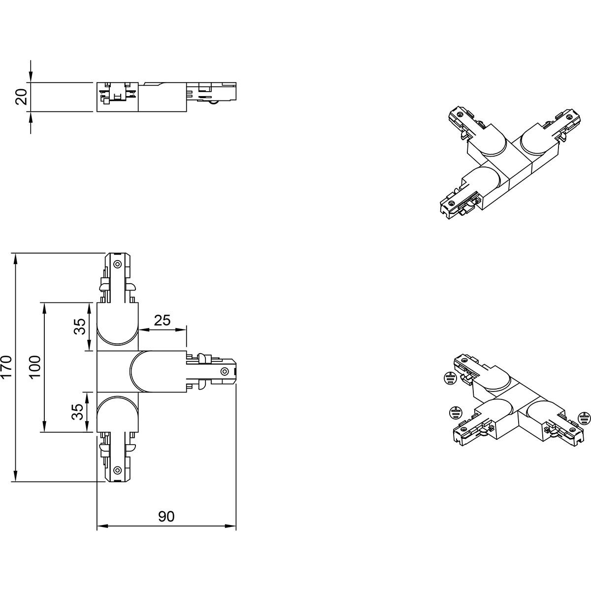 Spanningsrail Doorverbinder - Trion Dual - T Connector - Aarde Links - 2 Fase - Mat Titaan