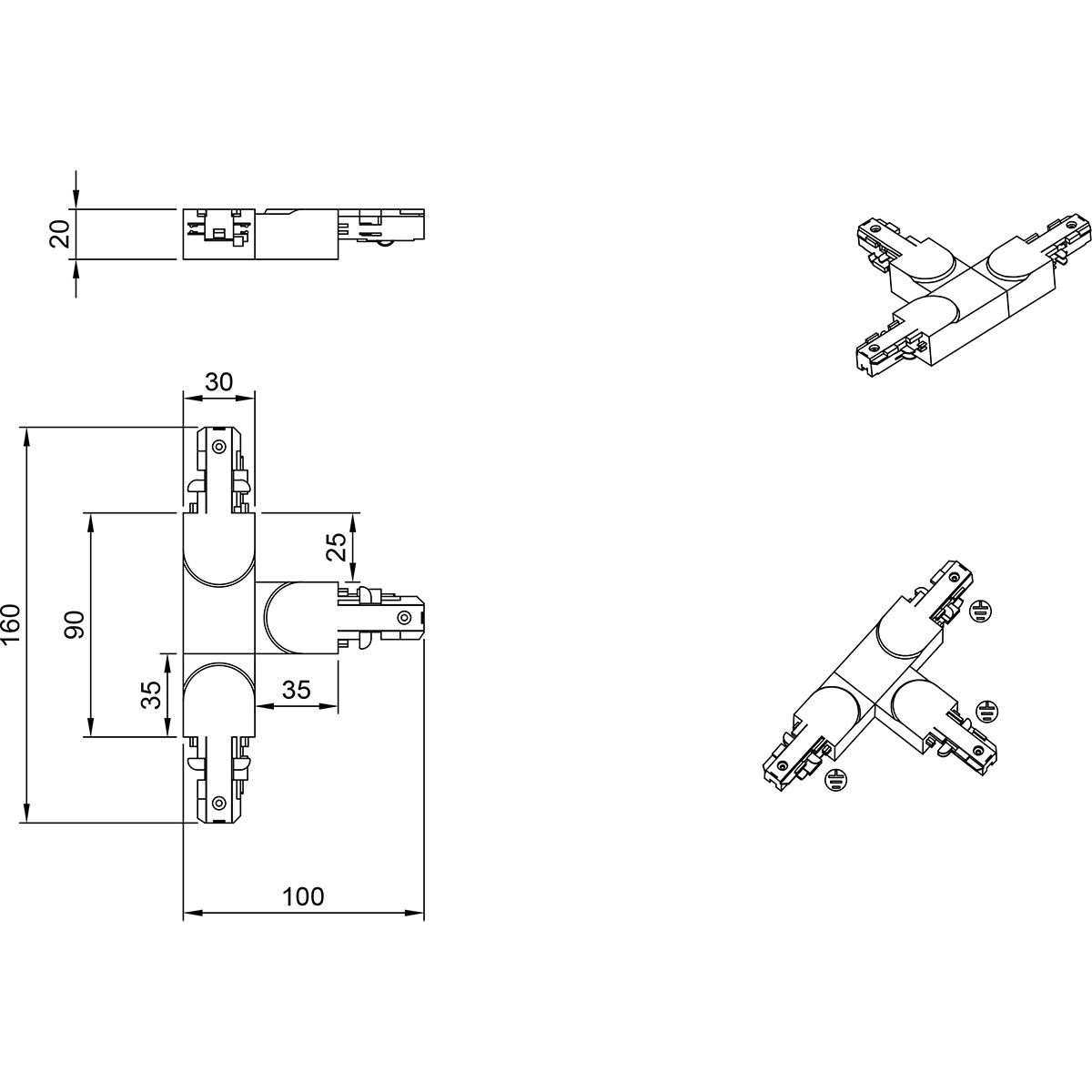 Spanningsrail Doorverbinder - Trion Dual - T Connector - Aarde Rechts - 2 Fase - Mat Wit