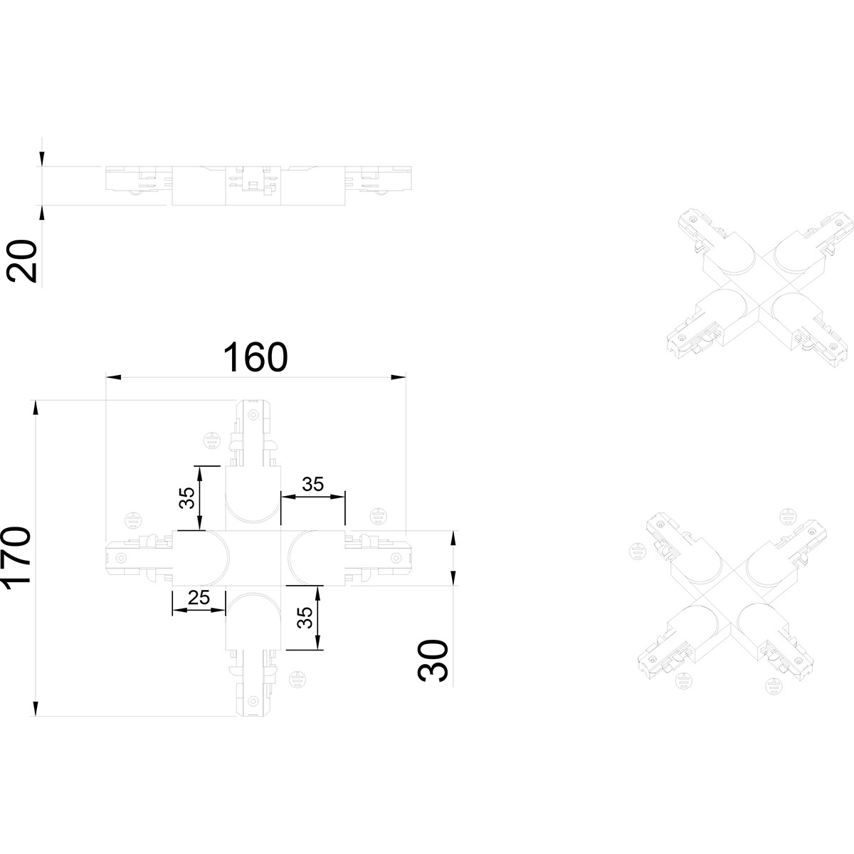 Spanningsrail Doorverbinder - Trion Dual - X Kruis Connector - 2 Fase - Mat Zwart