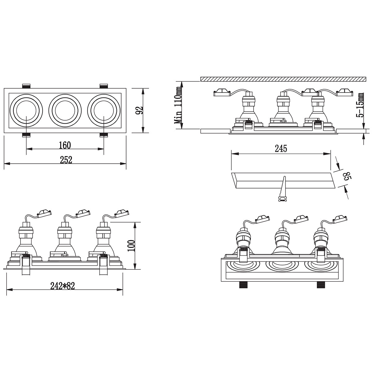 Spot Armatuur GU10 - Trion Kenan - GU10 Inbouwspot - Rechthoek - 3-lichts - Wit - Aluminium - Verdiept - Kantelbaar - Ø90