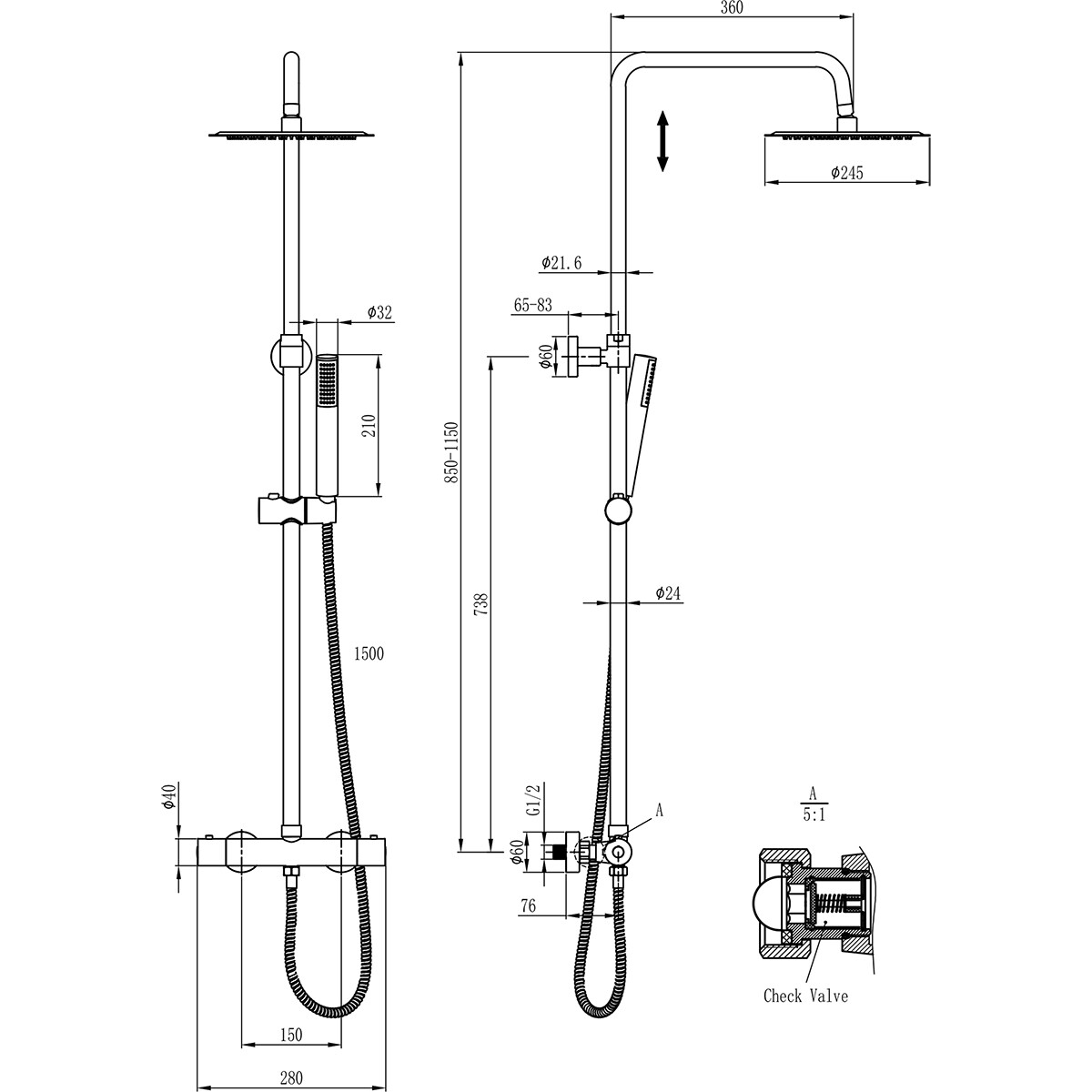 Thermostatische Regendoucheset - Leoni Rimbo - 20cm - Ronde Hoofddouche - Staafhanddouche - RVS - PVD - Geborsteld Koper