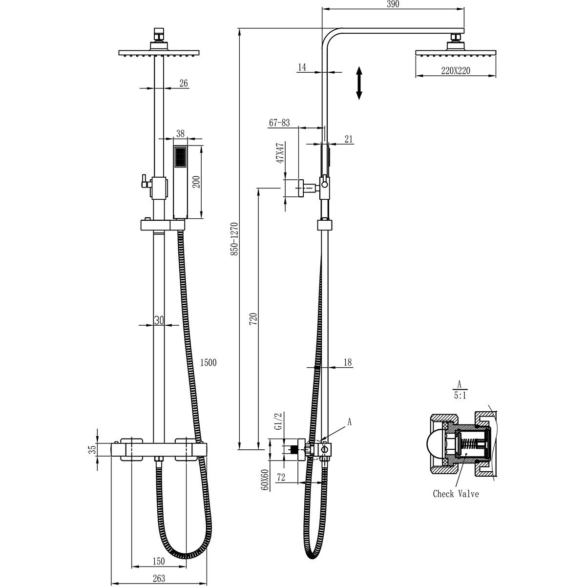 Thermostatische Regendoucheset - Leoni Rimbo - 22cm - Vierkante Hoofddouche - Staafhanddouche - RVS - Mat Zwart