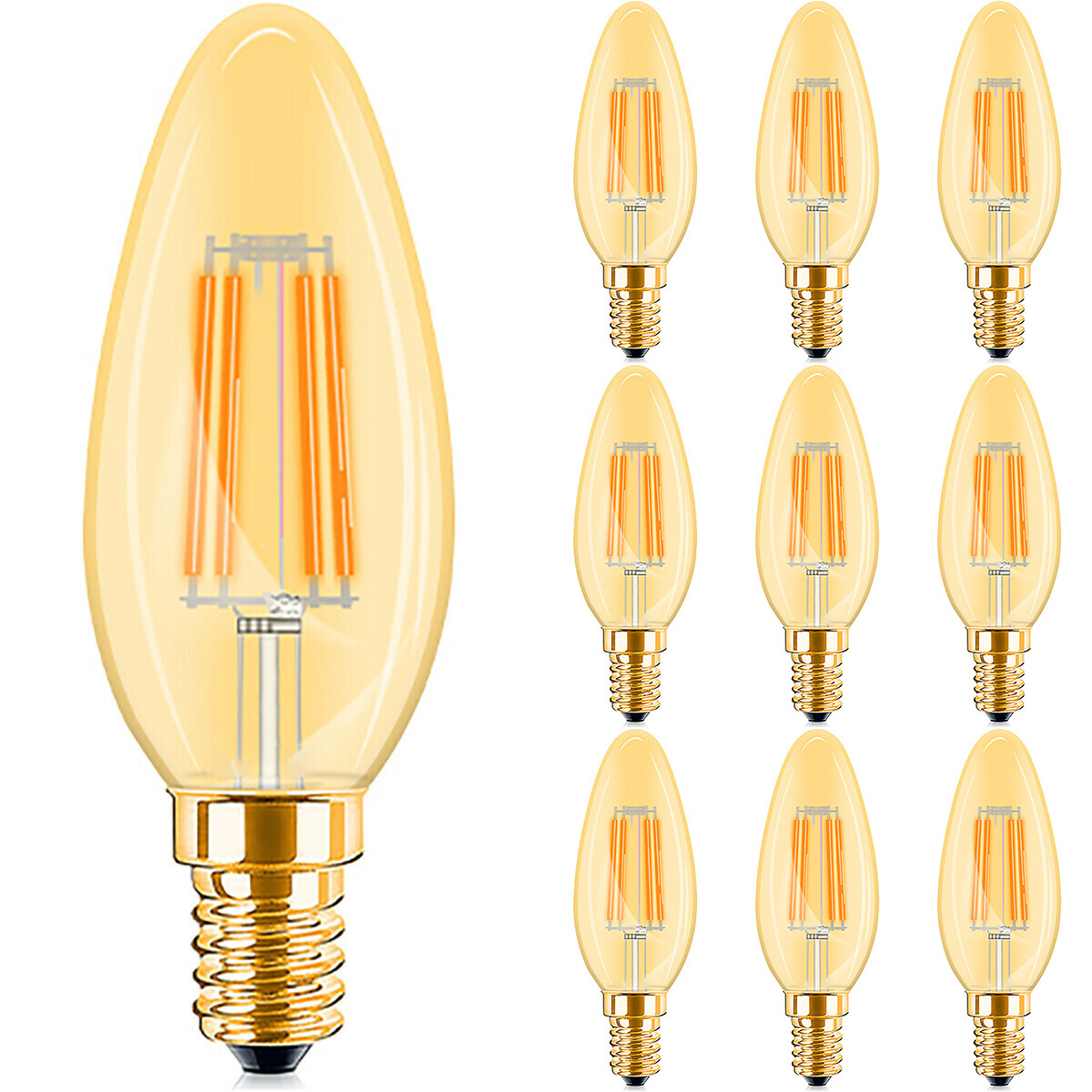 Voordeelpak 10x LED Lamp E14 Kaars Filament - Brinton - Amber 4W 360lm - 822 Zeer Warm Wit 2200K - C35 - Dimbaar | Vervangt 32W