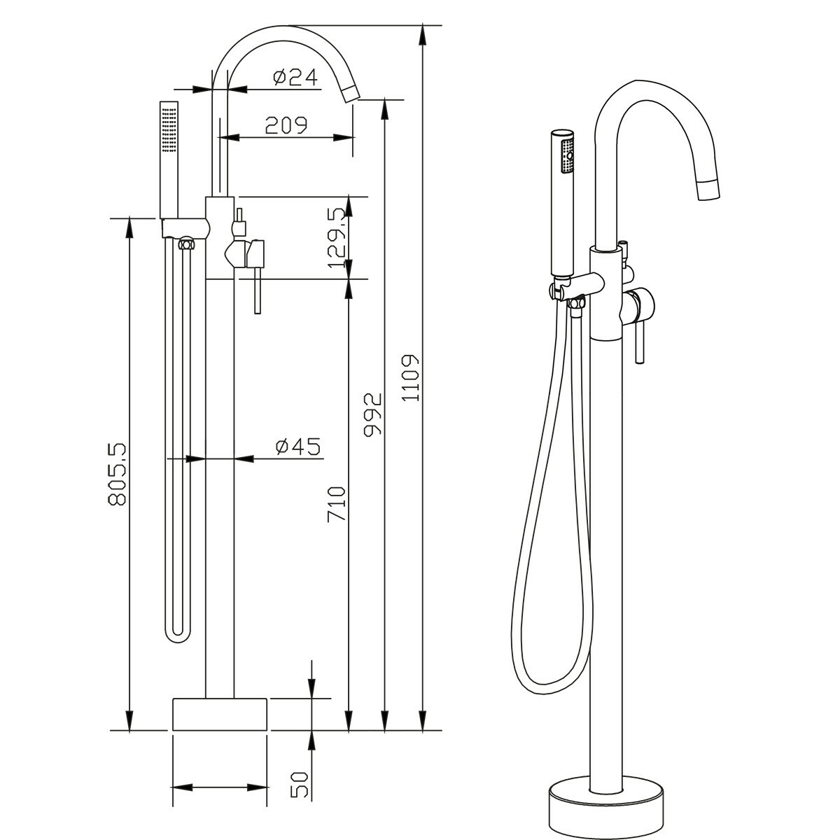 Vrijstaande Badkraan - Leoni - 110.9cm - Handdoucheset - RVS - Chroom