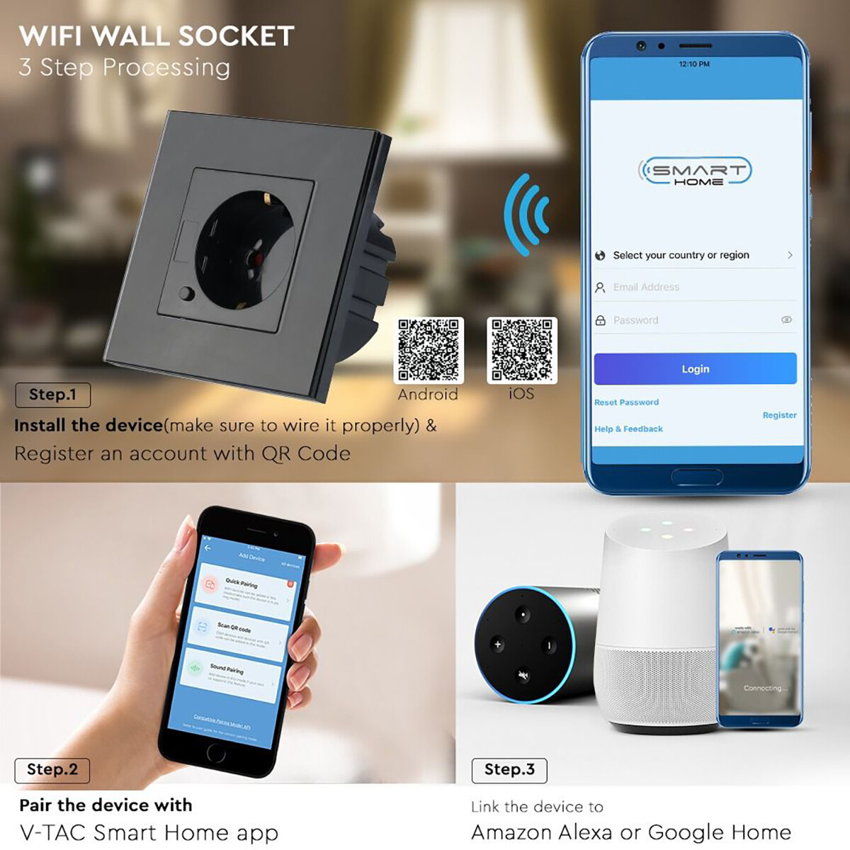 Wandcontactdoos Smart WiFi - Viron Wimo - Inbouw - 1-voudig - Randaarde - Incl. Glazen Afdekraam - Zwart